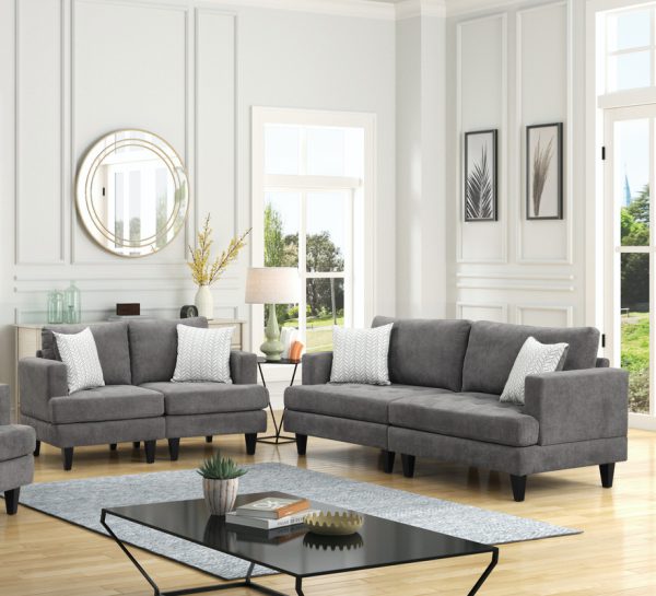 Callaway 80"W Gray Chenille Sofa Loveseat Living Room Set with Throw Pillows