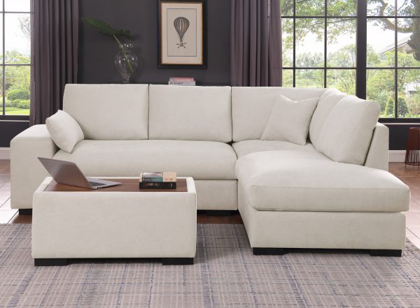 Joshua 100"W Beige Woven Fabric Sectional Sofa with Right Facing Chaise and Console Ottoman - Image 6
