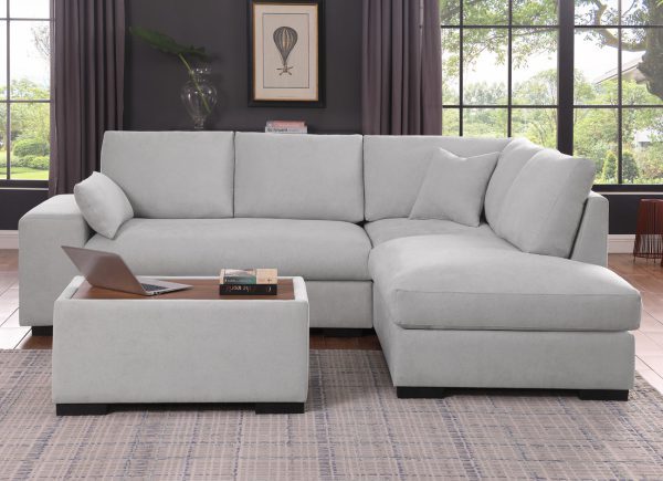 Joshua 100"W Light Gray Woven Fabric Sectional Sofa with Right Facing Chaise and Console Ottoman - Image 8