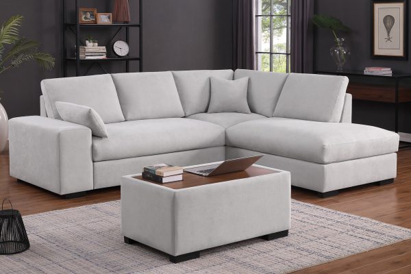 Joshua 100"W Light Gray Woven Fabric Sectional Sofa with Right Facing Chaise and Console Ottoman - Image 10
