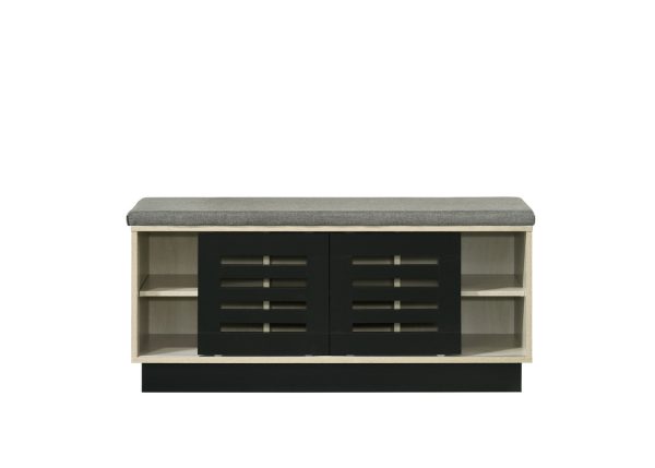 Brett 38.5"W Oak Finish Shoe Cabinet with Sliding Doors, Upholstered Top - Image 3