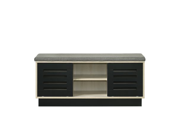 Brett 38.5"W Oak Finish Shoe Cabinet with Sliding Doors, Upholstered Top - Image 4