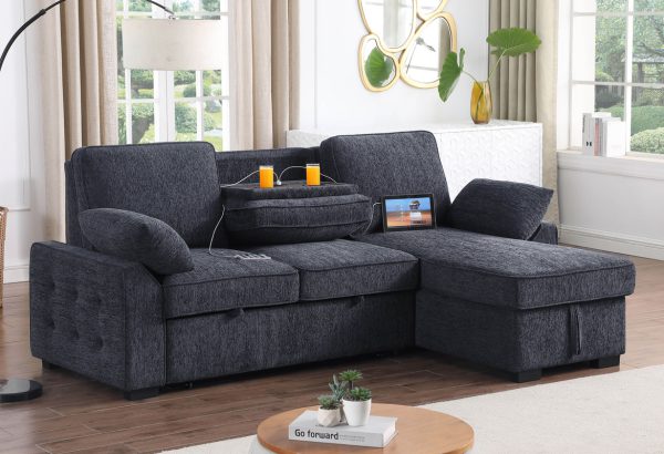 Mackenzie 91"W Dark Gray Chenille Fabric Sleeper Sectional with Right-Facing Storage Chaise, Drop-Down Table, Cup Holders and Charging Ports