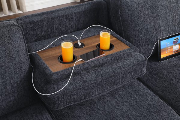 Mackenzie 91"W Dark Gray Chenille Fabric Sleeper Sectional with Right-Facing Storage Chaise, Drop-Down Table, Cup Holders and Charging Ports - Image 4