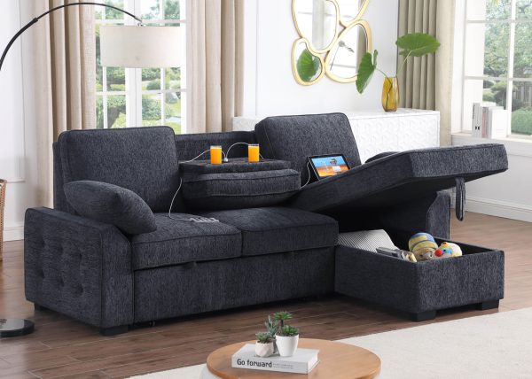 Mackenzie 91"W Dark Gray Chenille Fabric Sleeper Sectional with Right-Facing Storage Chaise, Drop-Down Table, Cup Holders and Charging Ports - Image 12
