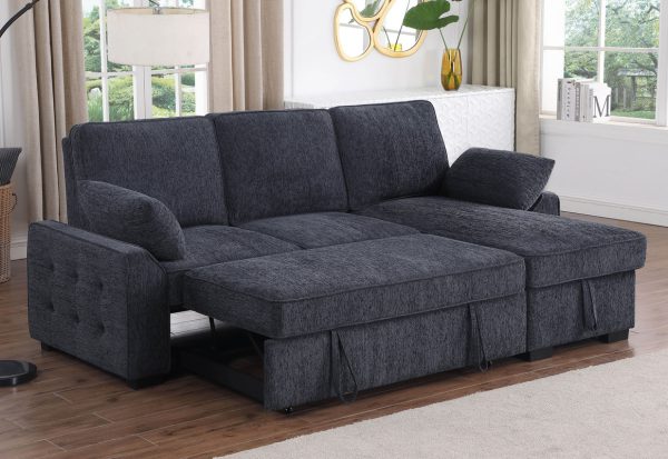 Mackenzie 91"W Dark Gray Chenille Fabric Sleeper Sectional with Right-Facing Storage Chaise, Drop-Down Table, Cup Holders and Charging Ports - Image 11