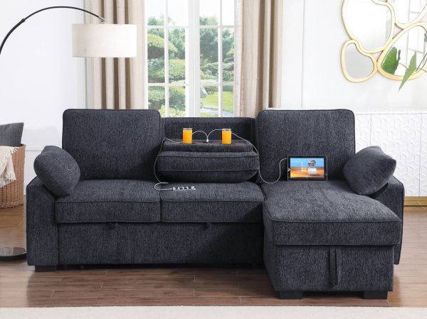 Mackenzie 91"W Dark Gray Chenille Fabric Sleeper Sectional with Right-Facing Storage Chaise, Drop-Down Table, Cup Holders and Charging Ports - Image 10
