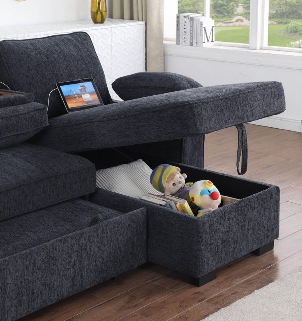 Mackenzie 91"W Dark Gray Chenille Fabric Sleeper Sectional with Right-Facing Storage Chaise, Drop-Down Table, Cup Holders and Charging Ports - Image 6