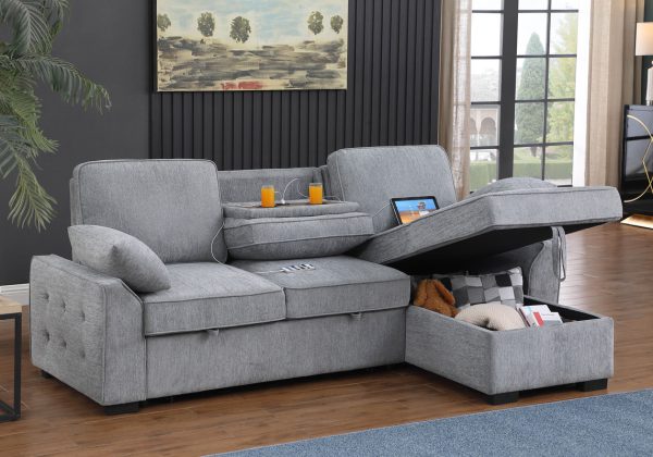 Mackenzie 91"W Light Gray Chenille Fabric Sleeper Sectional with Right-Facing Storage Chaise, Drop-Down Table, Cup Holders and Charging Ports - Image 4