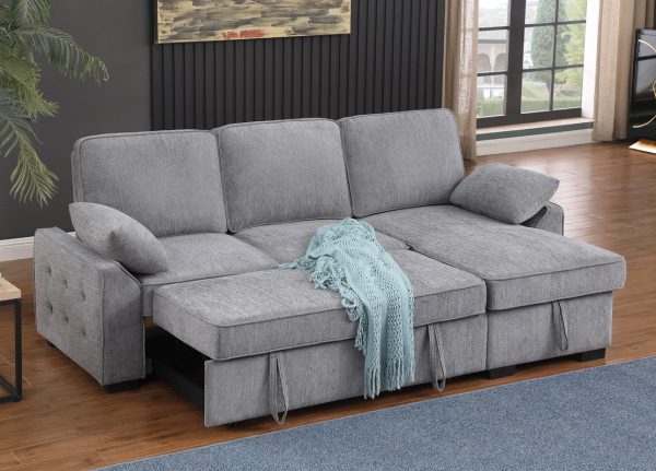 Mackenzie 91"W Light Gray Chenille Fabric Sleeper Sectional with Right-Facing Storage Chaise, Drop-Down Table, Cup Holders and Charging Ports