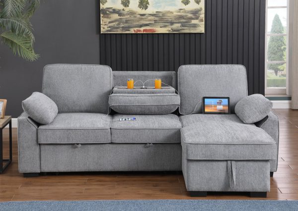 Mackenzie 91"W Light Gray Chenille Fabric Sleeper Sectional with Right-Facing Storage Chaise, Drop-Down Table, Cup Holders and Charging Ports - Image 3