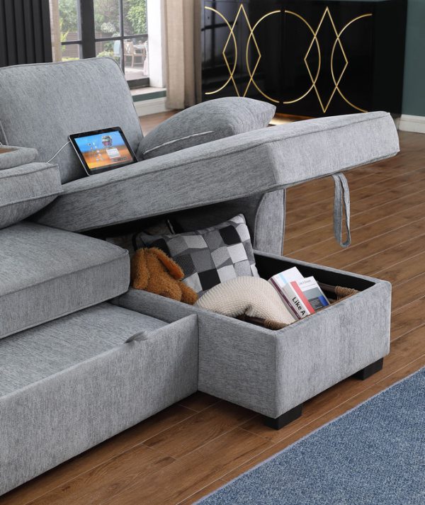 Mackenzie 91"W Light Gray Chenille Fabric Sleeper Sectional with Right-Facing Storage Chaise, Drop-Down Table, Cup Holders and Charging Ports - Image 9
