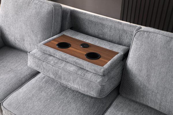 Mackenzie 91"W Light Gray Chenille Fabric Sleeper Sectional with Right-Facing Storage Chaise, Drop-Down Table, Cup Holders and Charging Ports - Image 8