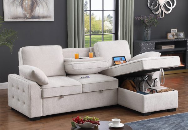 Mackenzie 91"W Beige Chenille Fabric Sleeper Sectional with Right-Facing Storage Chaise, Drop-Down Table, Cup Holders and Charging Ports - Image 7