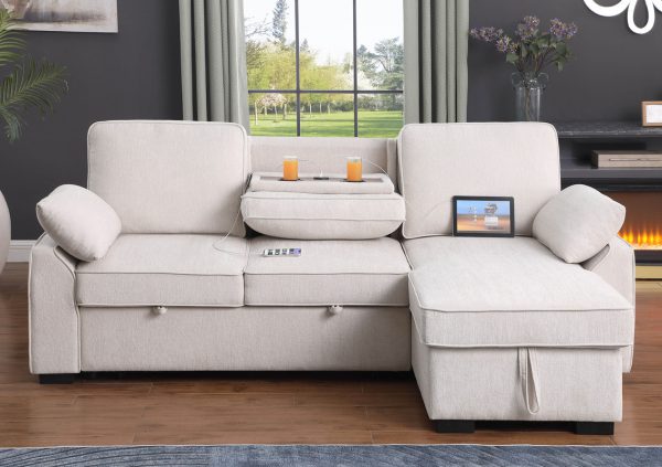 Mackenzie 91"W Beige Chenille Fabric Sleeper Sectional with Right-Facing Storage Chaise, Drop-Down Table, Cup Holders and Charging Ports - Image 6