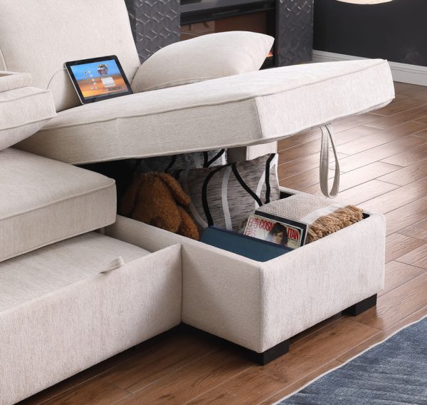 Mackenzie 91"W Beige Chenille Fabric Sleeper Sectional with Right-Facing Storage Chaise, Drop-Down Table, Cup Holders and Charging Ports - Image 5