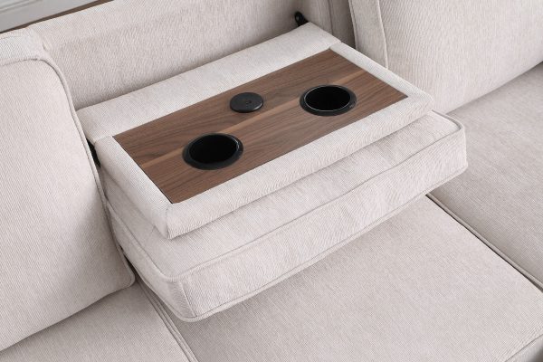 Mackenzie 91"W Beige Chenille Fabric Sleeper Sectional with Right-Facing Storage Chaise, Drop-Down Table, Cup Holders and Charging Ports - Image 4