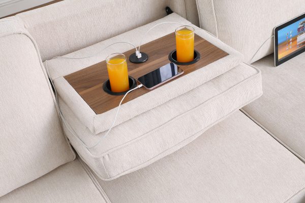 Mackenzie 91"W Beige Chenille Fabric Sleeper Sectional with Right-Facing Storage Chaise, Drop-Down Table, Cup Holders and Charging Ports - Image 3