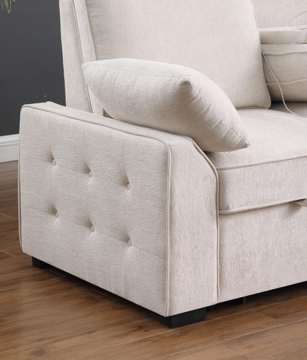 Mackenzie 91"W Beige Chenille Fabric Sleeper Sectional with Right-Facing Storage Chaise, Drop-Down Table, Cup Holders and Charging Ports - Image 2