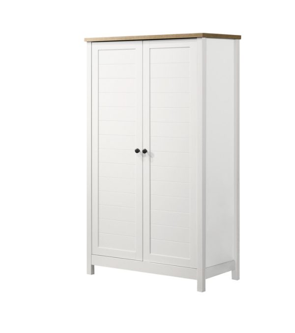 Claire 35"W White Storage Cabinet with Oak Accent Finish and Framed Slatted Panel Design - Image 2
