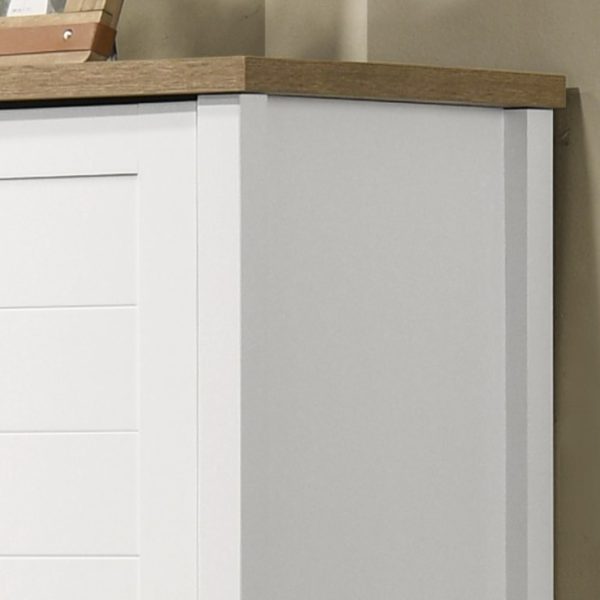 Claire 35"W White Storage Cabinet with Oak Accent Finish and Framed Slatted Panel Design - Image 3