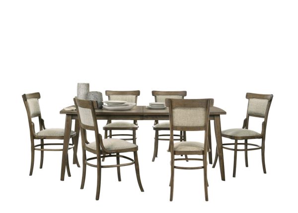 Bistro Vintage Walnut 7 Piece 72"W Dining Table Set with Off White Fabric Dining Chairs - Image 5