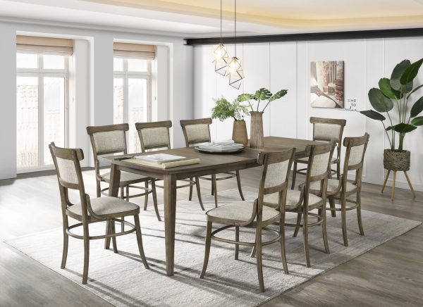 Bistro 88"W Vintage Walnut 9 Piece Dining Table with Extension Leaf and Off White Fabric Dining Chairs