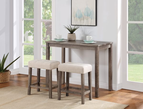 Lux Brown 3 Piece Counter Height 36"W Pub Table Set with Tufted Creamy White Linen Stools
