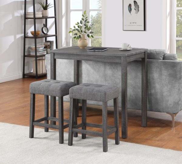 Lux Gray 3 Piece Counter Height 36"W Pub Table Set with Tufted Gray Linen Stools