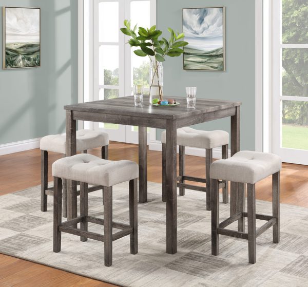Lucian Brown 5 Piece Counter Height 36"W Pub Table Set with Tufted Creamy White Linen Stools - Image 4