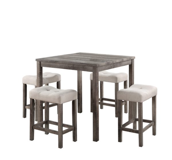 Lucian Brown 5 Piece Counter Height 36"W Pub Table Set with Tufted Creamy White Linen Stools - Image 3