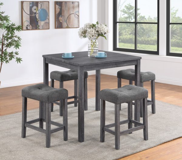 Lucian Gray 5 Piece Counter Height 36"W Pub Table Set with Tufted Gray Linen Stools