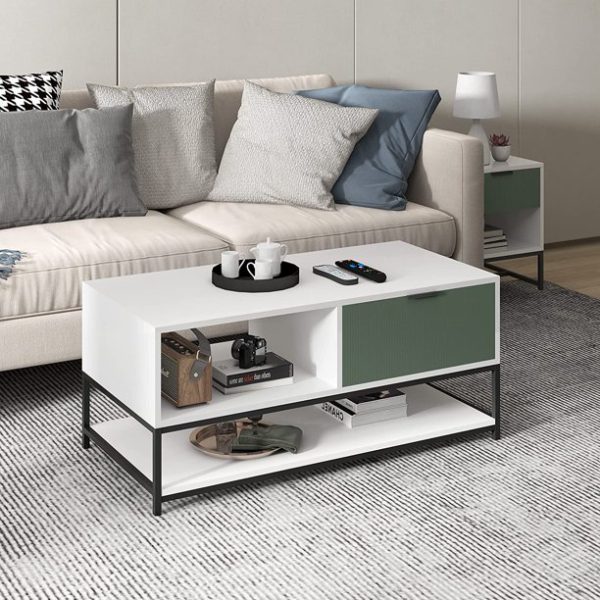 Watson 39"W White and Green Wood Coffee Table Steel Frame with Shelves and Drawer