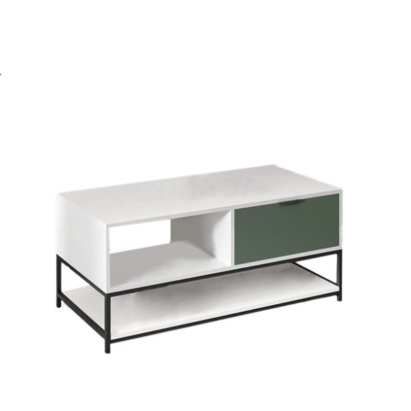 Watson 39"W White and Green Wood Coffee Table Steel Frame with Shelves and Drawer - Image 2
