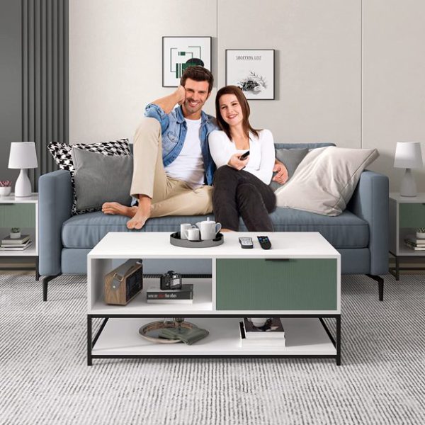Watson 39"W White and Green Wood Coffee Table Steel Frame with Shelves and Drawer - Image 4