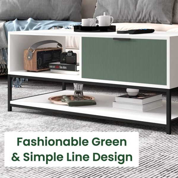 Watson 39"W White and Green Wood Coffee Table Steel Frame with Shelves and Drawer - Image 3