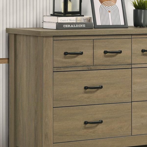 Finn 51"W Coffee Gray Oak Finish Dresser with 6 Drawers and Black Handles - Image 4