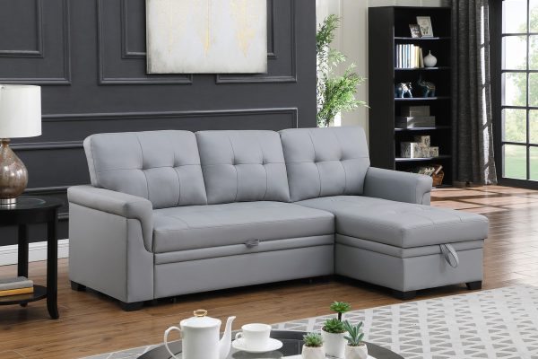 Lexi 83.5"W Gray Vegan Leather Modern Reversible Sleeper Sectional Sofa with Storage Chaise