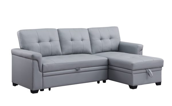 Lexi 83.5"W Gray Vegan Leather Modern Reversible Sleeper Sectional Sofa with Storage Chaise - Image 5