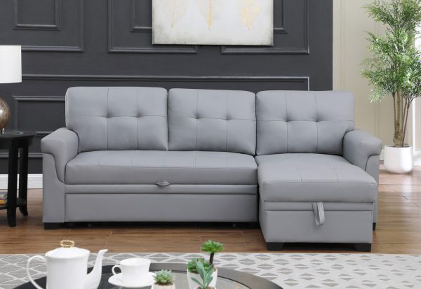Lexi 83.5"W Gray Vegan Leather Modern Reversible Sleeper Sectional Sofa with Storage Chaise - Image 4
