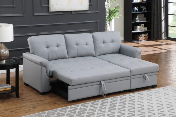 Lexi 83.5"W Gray Vegan Leather Modern Reversible Sleeper Sectional Sofa with Storage Chaise - Image 3