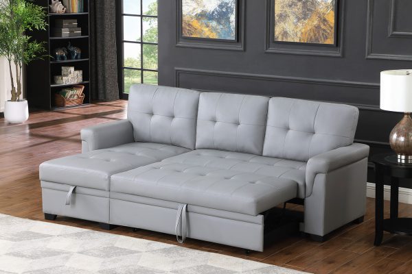 Lexi 83.5"W Gray Vegan Leather Modern Reversible Sleeper Sectional Sofa with Storage Chaise - Image 2