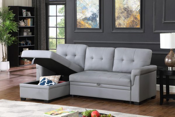 Lexi 83.5"W Gray Vegan Leather Modern Reversible Sleeper Sectional Sofa with Storage Chaise - Image 10
