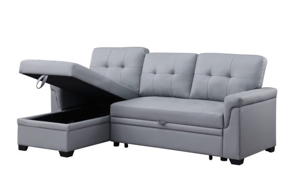 Lexi 83.5"W Gray Vegan Leather Modern Reversible Sleeper Sectional Sofa with Storage Chaise - Image 9