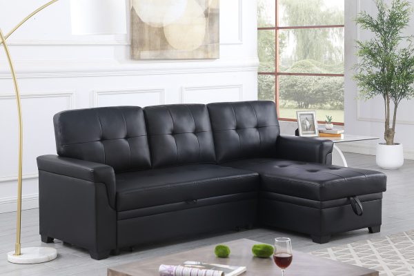 Lexi 83.5"W Black Vegan Leather Modern Reversible Sleeper Sectional Sofa with Storage Chaise