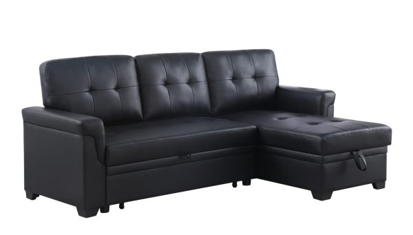 Lexi 83.5"W Black Vegan Leather Modern Reversible Sleeper Sectional Sofa with Storage Chaise - Image 5