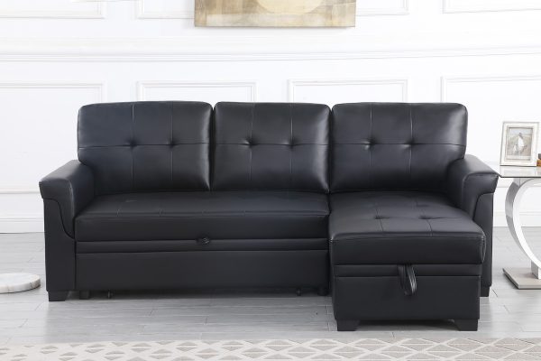 Lexi 83.5"W Black Vegan Leather Modern Reversible Sleeper Sectional Sofa with Storage Chaise - Image 4