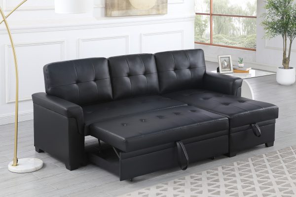 Lexi 83.5"W Black Vegan Leather Modern Reversible Sleeper Sectional Sofa with Storage Chaise - Image 3