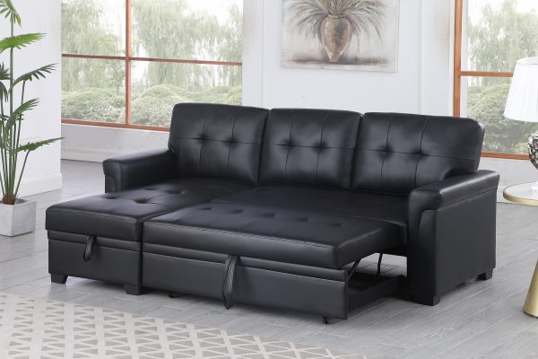 Lexi 83.5"W Black Vegan Leather Modern Reversible Sleeper Sectional Sofa with Storage Chaise - Image 2