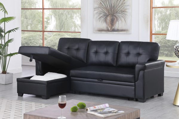 Lexi 83.5"W Black Vegan Leather Modern Reversible Sleeper Sectional Sofa with Storage Chaise - Image 10